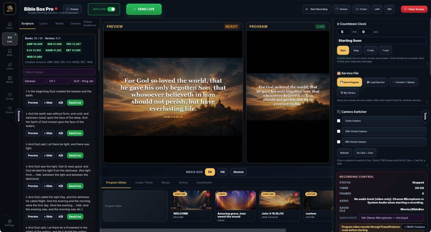 Bible Box Live Center: John 3:16 in Preview and on Program, with Send Live, Auto Live, countdown, camera switcher and recording controls